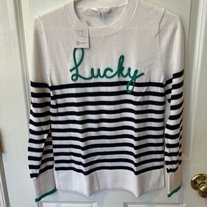 Time and Tru White Sweater with Green Embroidery "Lucky"!
